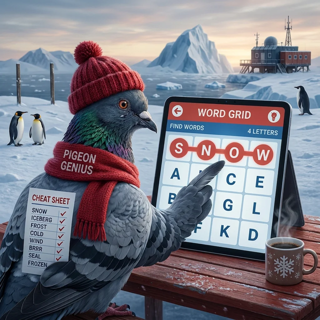 A pigeon in a winter hat pointing at a word grid on a tablet while holding a cheat sheet